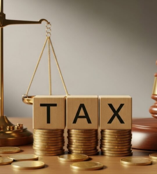 A Still Life Of Tax Blocks On Coins With A Scale And Gavel On A Wooden Surface