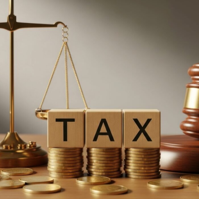 A Still Life Of Tax Blocks On Coins With A Scale And Gavel On A Wooden Surface