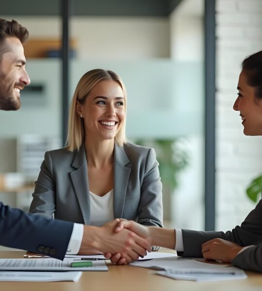Un Apretón De Manos Entre Un Hombre Y Una Mujer De Negocios En Una Reunión En La Oficina, Concepto De Alianza, Entrevista Laboral O Asesoramiento Financiero