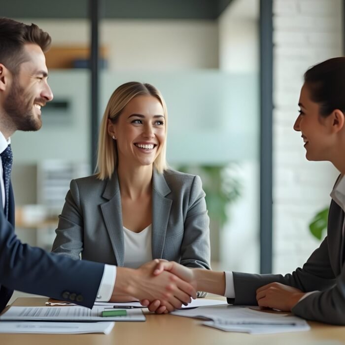 Un Apretón De Manos Entre Un Hombre Y Una Mujer De Negocios En Una Reunión En La Oficina, Concepto De Alianza, Entrevista Laboral O Asesoramiento Financiero